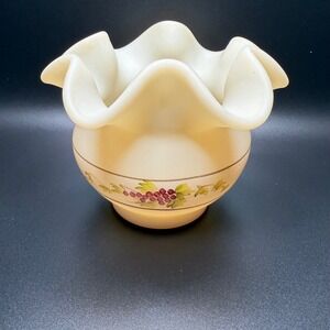 Hand Painted Milk‎ Glass Vase Floral Grapes Ruffled Top Artist Signed